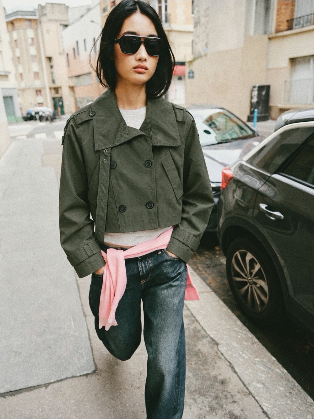 Zara Woman Olive Green Waxed Crop Trench Coat XS Contemporary Minimal Chic